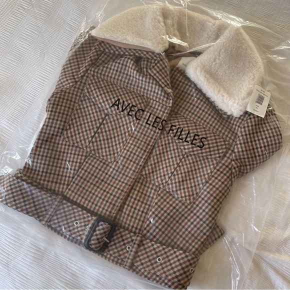 Brand New - AVEC LES FILLES Faux Shearling Collared Plaid Aviator Jacket 🤎✨ - Picture 6 of 16